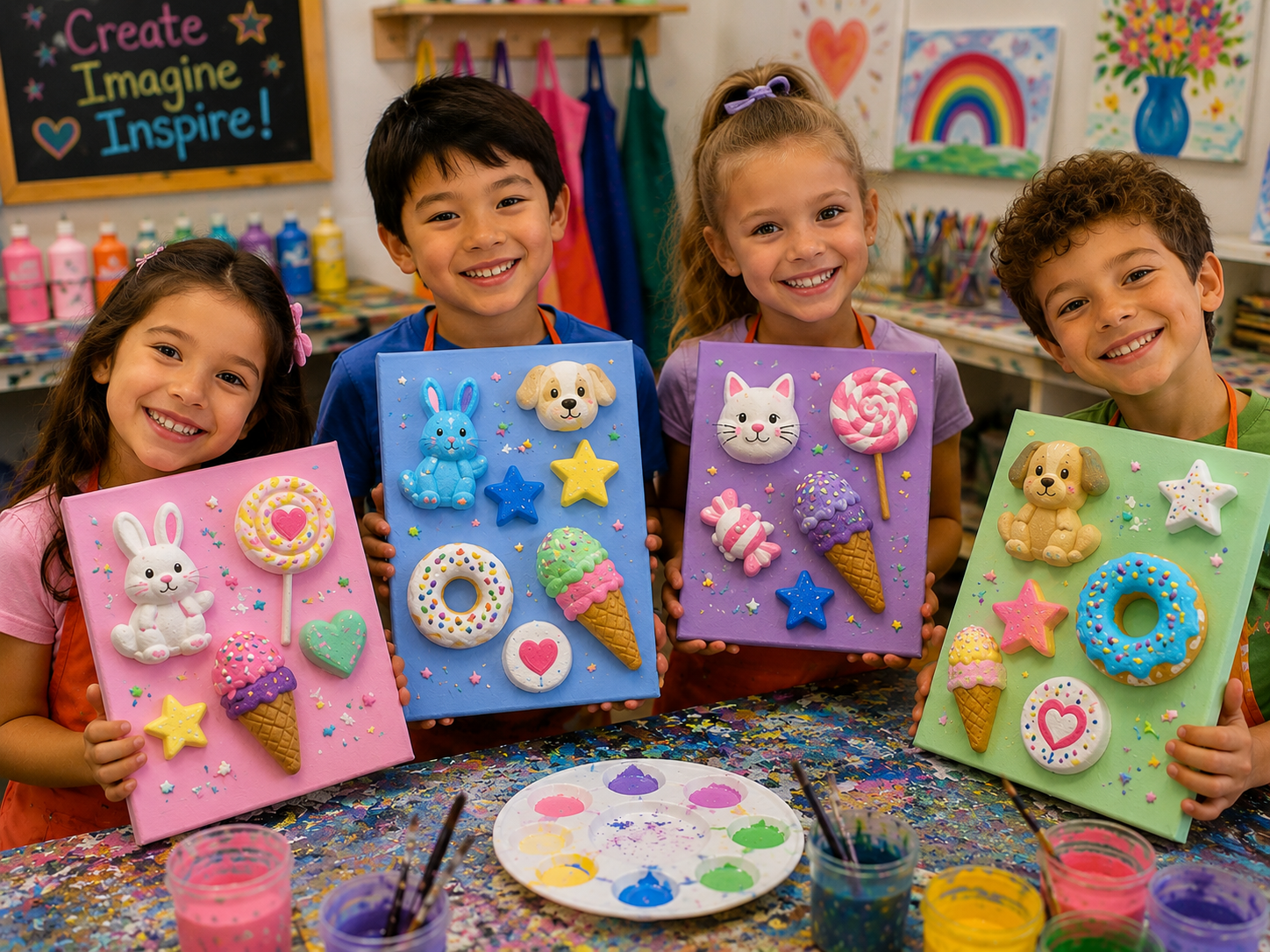 3D canvas painted by children at a Bubble Brush PA Day activity in Toronto